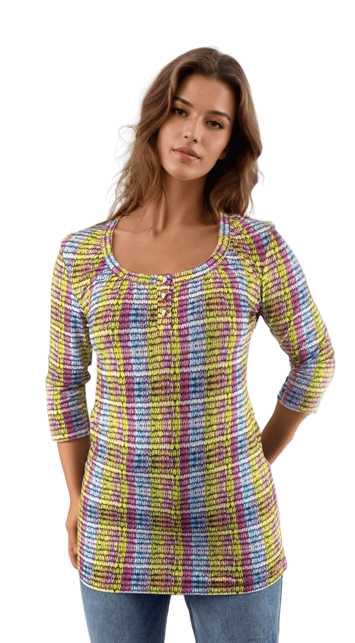 Damen-Tunika – 3/4-Ärmel-T-Shirt mit Rundhalsausschnitt und Knöpfen