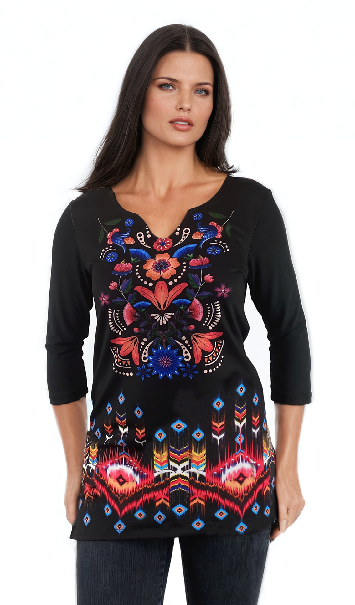 Damentunika – 3/4-Ärmel-T-Shirt mit spitzem Halsausschnitt