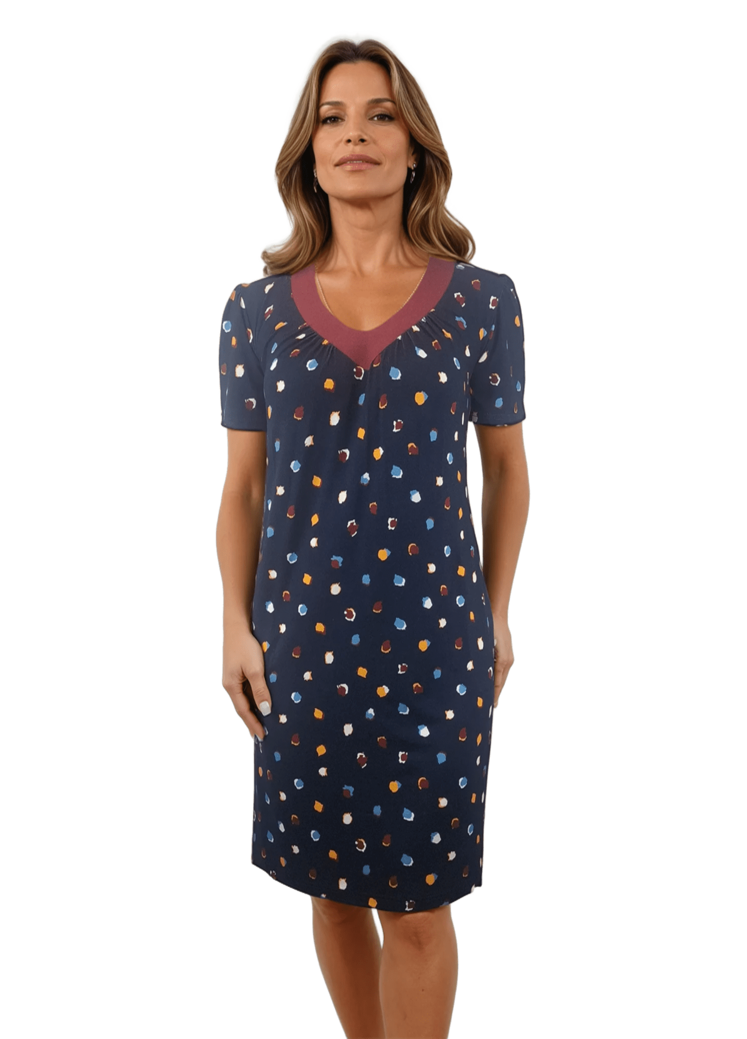 Damenkleid mit kurzen Ärmeln und einem spitzen Ausschnitt