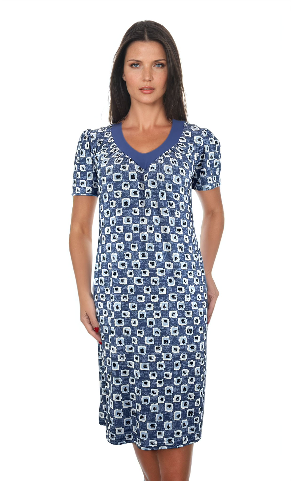 Damenkleid mit kurzen Ärmeln und einem spitzen Ausschnitt