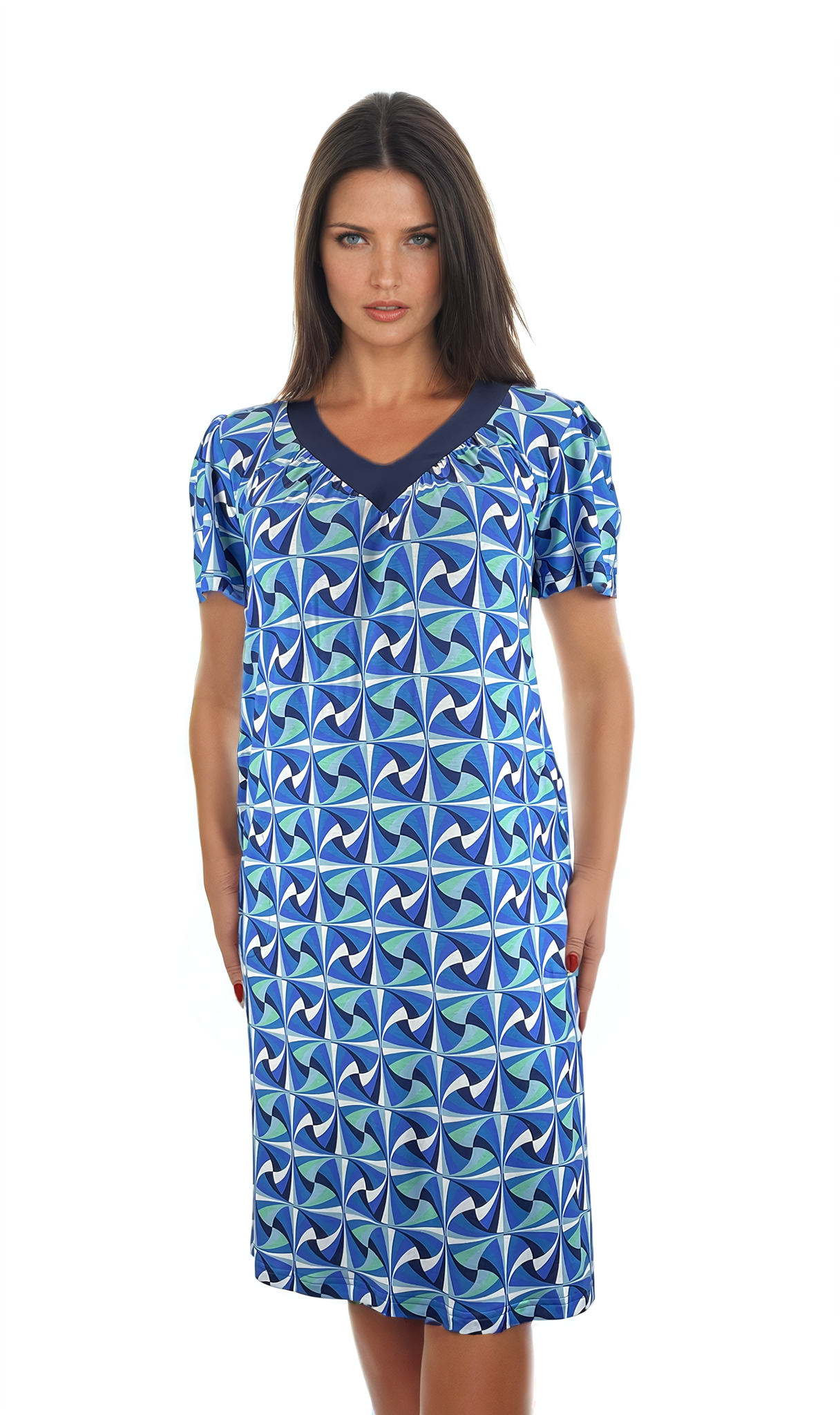 Damenkleid mit kurzen Ärmeln und einem spitzen Ausschnitt