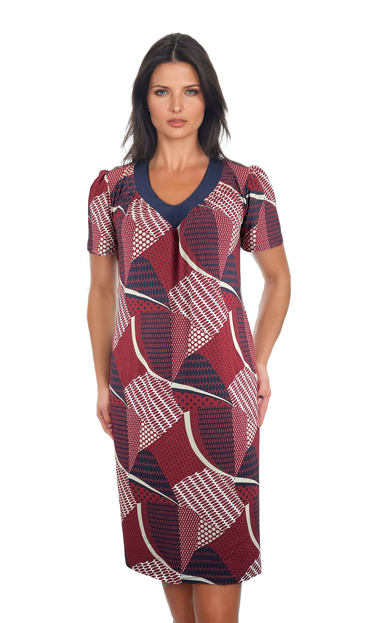 Damenkleid mit kurzen Ärmeln und einem spitzen Ausschnitt