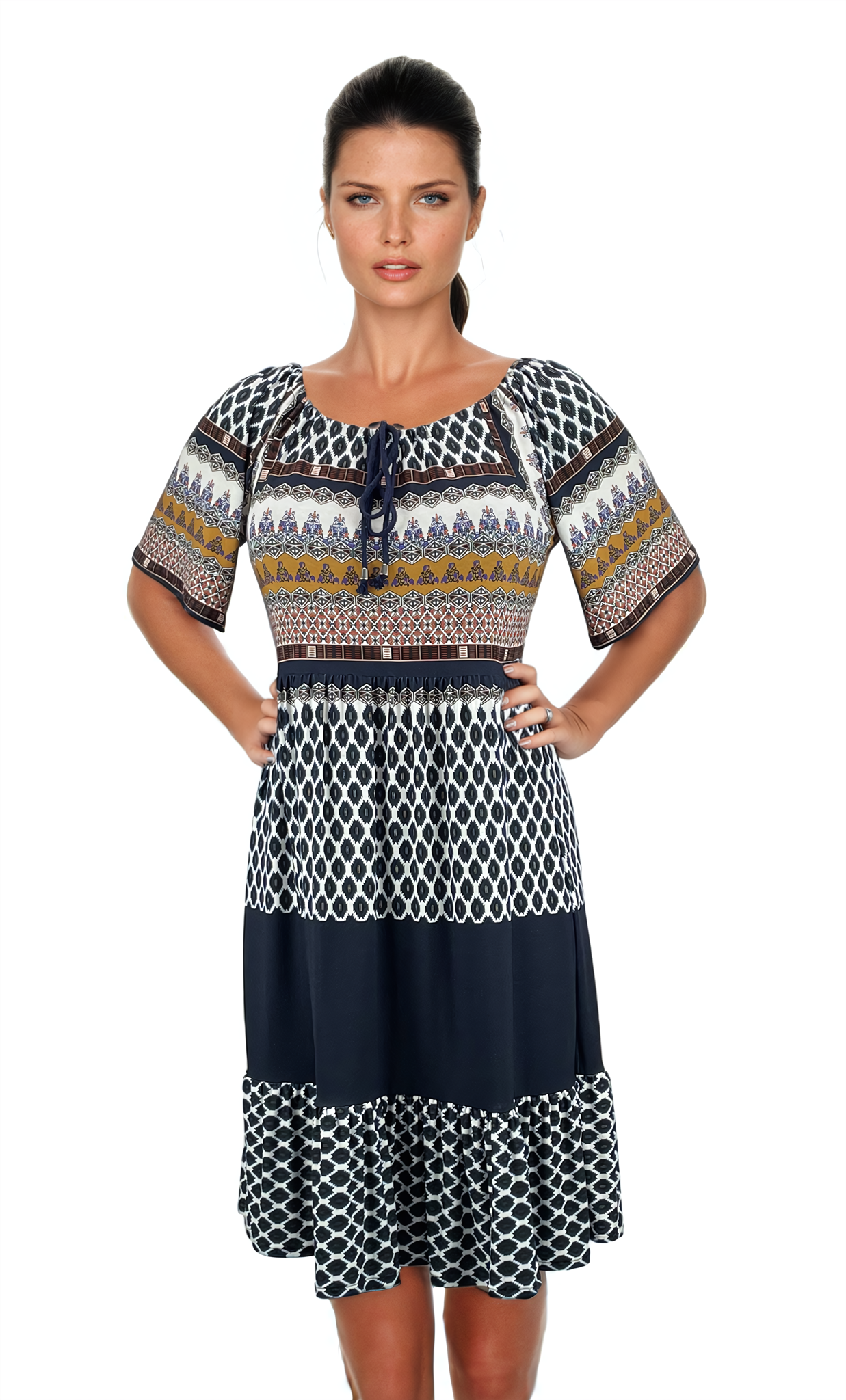 Damenkleid mit kurzen Ärmeln und Rundhalsausschnitt