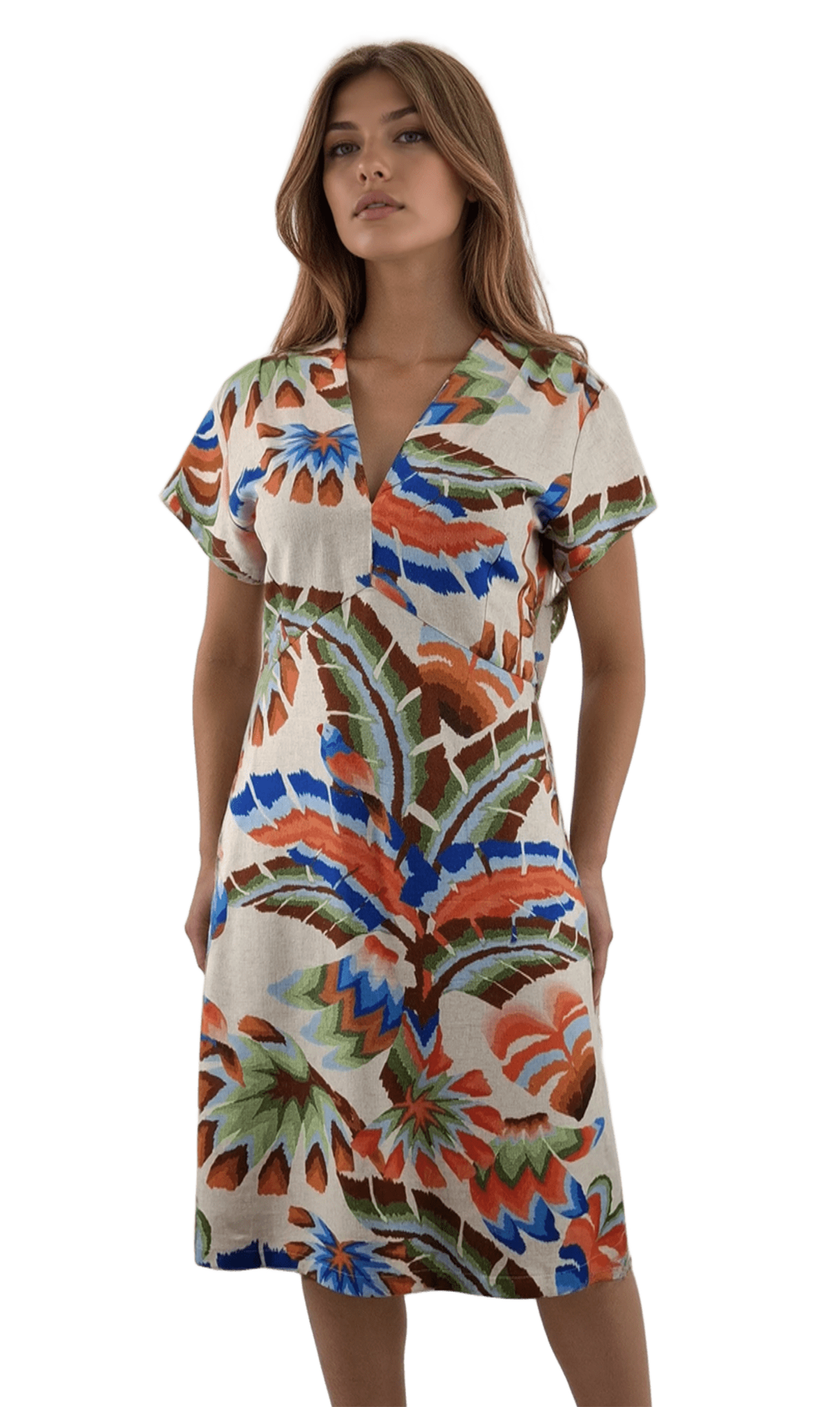 Leinenkleid für Damen mit kurzen Ärmeln und spitzem Ausschnitt